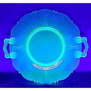 Vintage Green Depression Uranium Glass 10" Handeled Plate Glows
